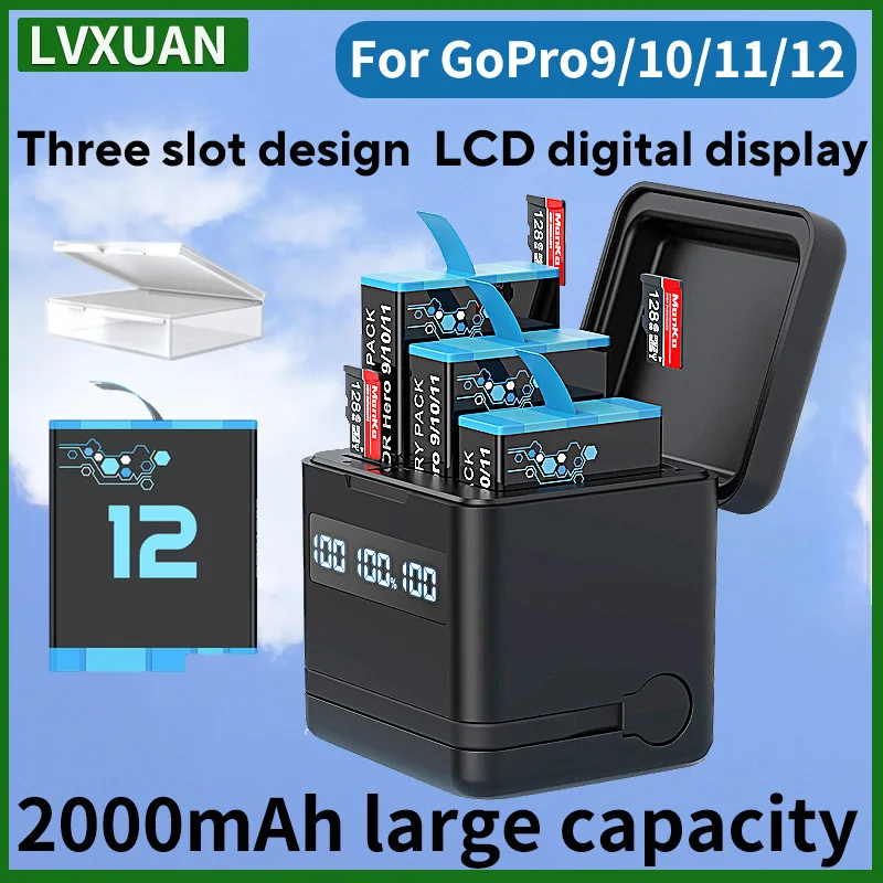 Фото Аккумулятор LVXUAN GoPro9/10/11/12, быстрое зарядное устройство USB и Type-C с функцией устройства чтения карт SD, для черных аккумуляторов GoProHero 9/10/11/12 №1