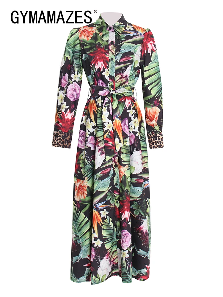 

GYMAMAZES Vintage Loose Dress For Women Lapel Long Sleeve High Waist Print Colorblock Midi Dresses Female Spring Clothes Fashion