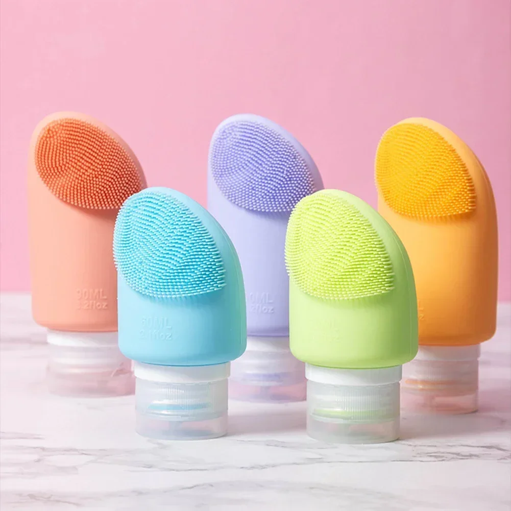60/90ml Soft Silicone Sample Container Empty Lotion Squeeze Tube For Facial Cleanser Shower Gel Refillable Bottles With Brush
