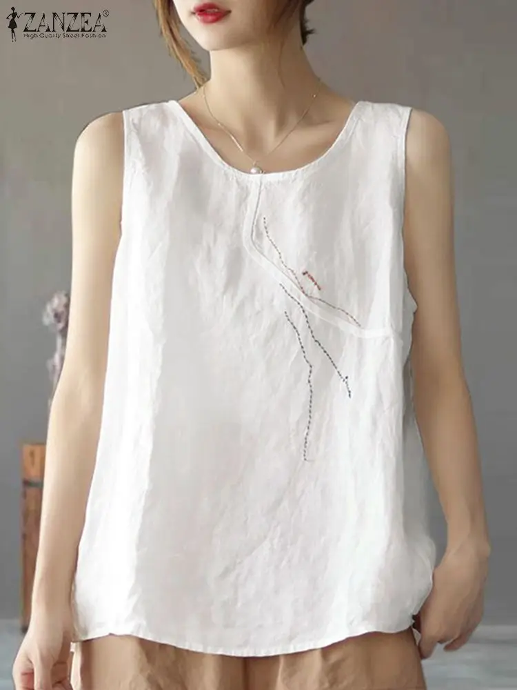 

Женская летняя блузка ZANZEA, повседневная хлопковая рубашка с вышивкой, однотонные свободные блузы, винтажные пляжные майки оверсайз без рук...