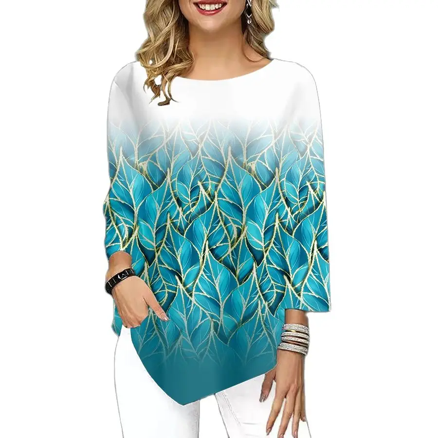 

Футболка женская с градиентным принтом, Модный повседневный Свободный пуловер с рукавом три четверти, винтажный свитер, Повседневная Уличная одежда, осень