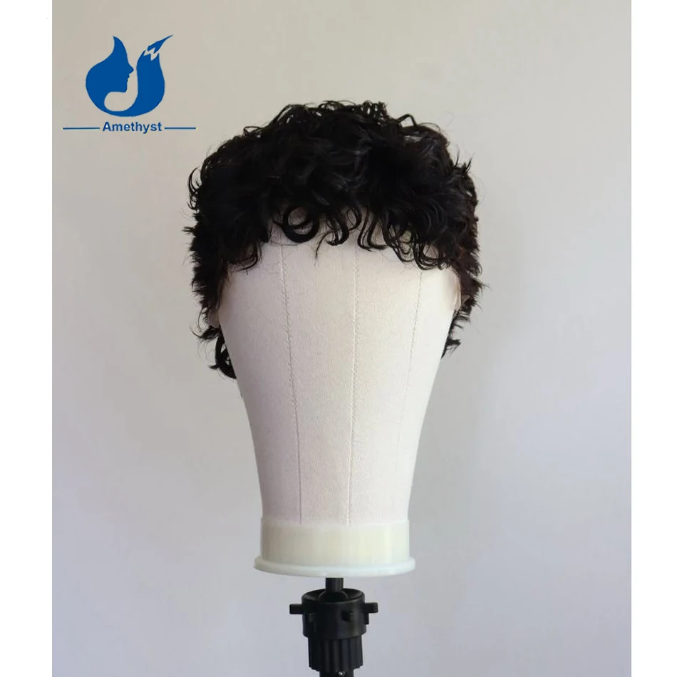 Фото Мужской парик из натуральных волос Amethyst Brazilian Dark Brown Curly Short Cut, предварительно причесанный, с полной кружевной основой, из волос Реми. №3