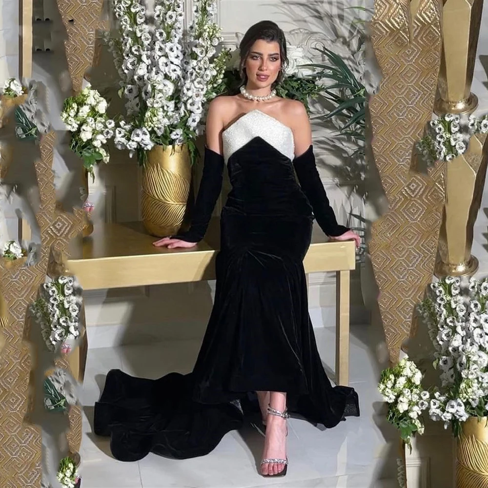 

2023 White Black Shiny Full Sleeves Evening Dresses Strapless Arabia Velour Formal Night Party Prom Gowns Dubia Vestidos