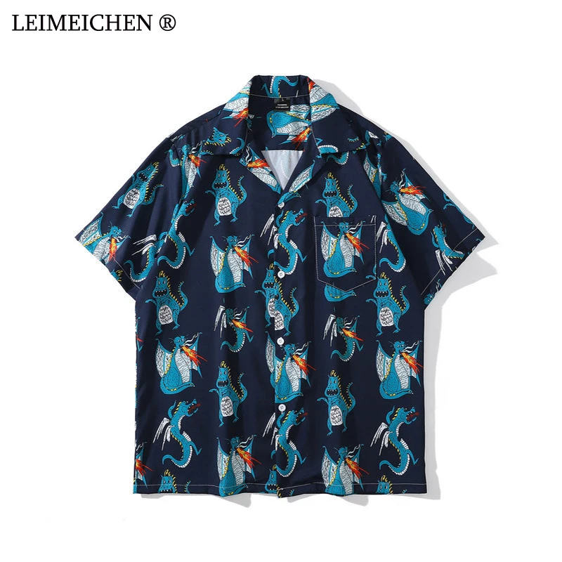 

LEIMEICHEN кубинский воротник рубашки огненный дышащий Дракон полная печать Гавайский большой кардиган с коротким рукавом Men X687