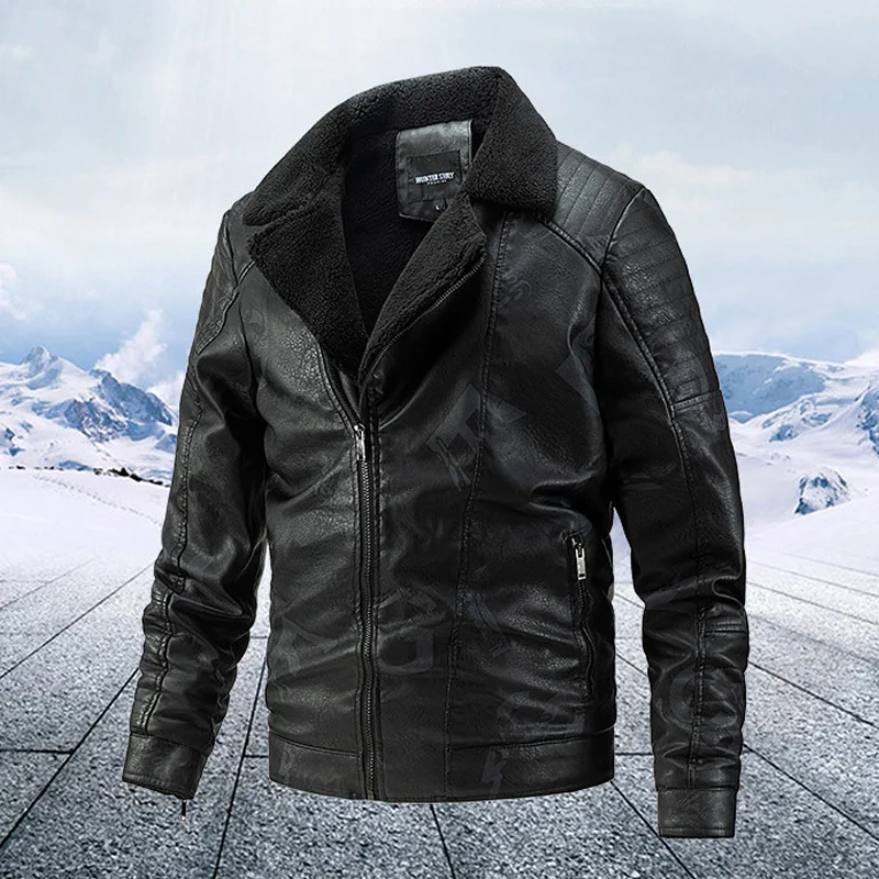 

PU Autumn Winter Fashion Turn Down Collar Wool Liner Keep Warm Leather Coat Men Windbreaker Motorcycle Jacket