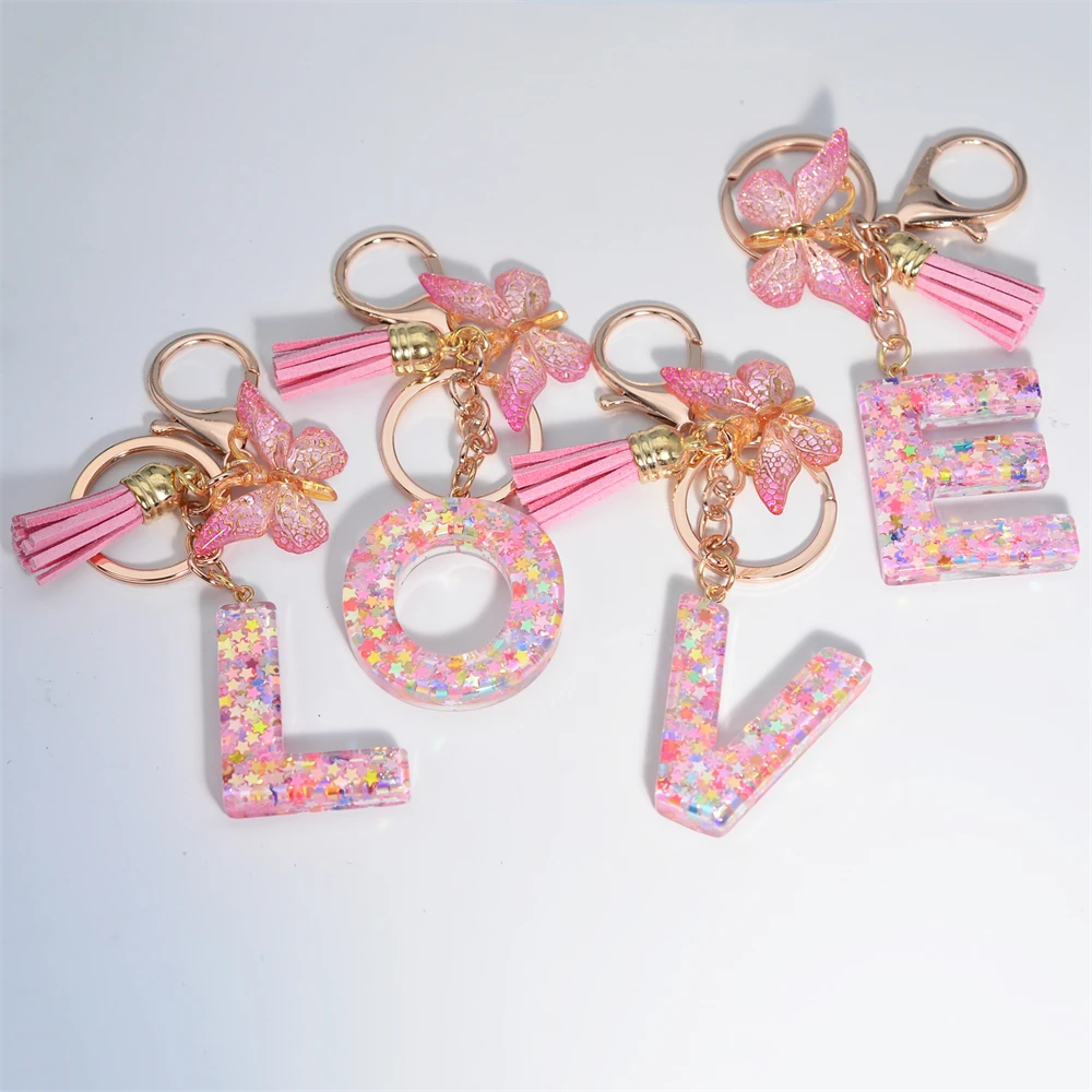 Pink Resin Initial Letters Keychain Tassel Butterfly Pendant Keyring for Girls Women Purse Handbags Car Keys Accessories