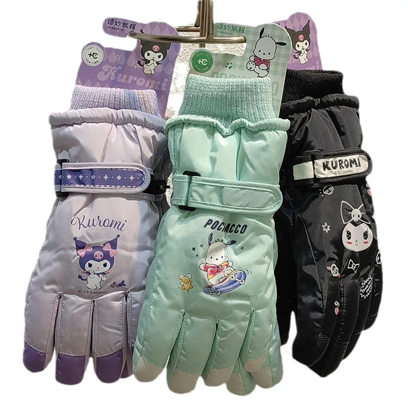 

Sanrios Kuromi Pochacco Winter Thickened velvet cycling gloves students boys girls Cartoon outdoor sports keep warm ski gloves