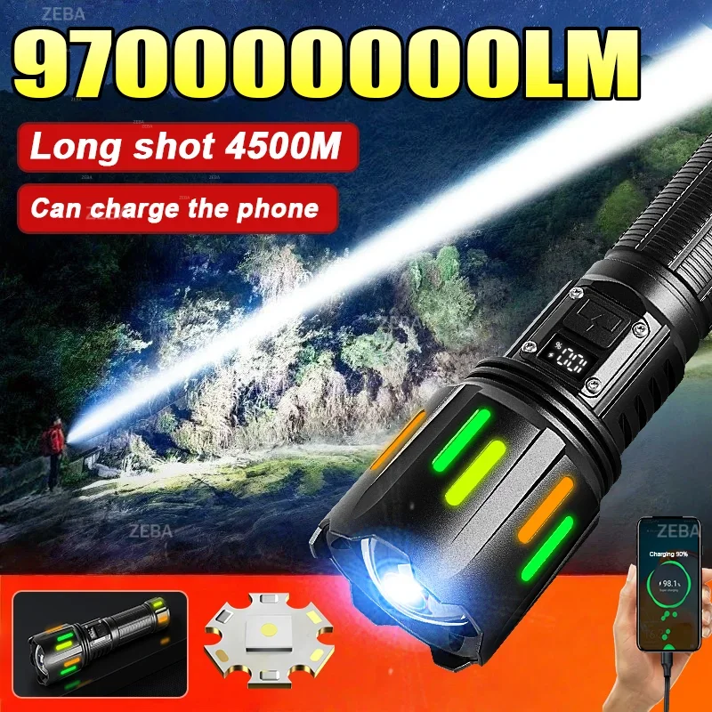 Фото 970000000LM Самый мощный светодиодный фонарик 4500 м, тактический фонарь, перезаряжаемая портативная лампа 26650, уличный фонарь для охоты и рыбалки №1