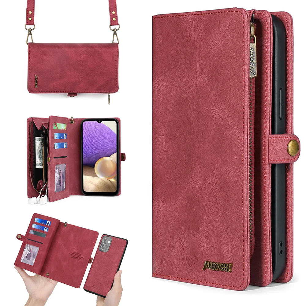 Wallet Shoulder Bag Phone Case For Samsung Galaxy S9 S10 S21 S22 S23 Plus Ultra S21FE A10 A12 A20 A30 A31 A32 A50 A52 A70 A73