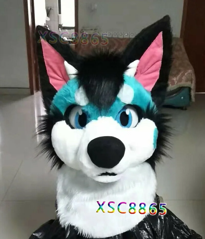 Long Fur Husky Dog Fox Mascot Head Party Halloween Cosplay Cartoon Animal Headgear |