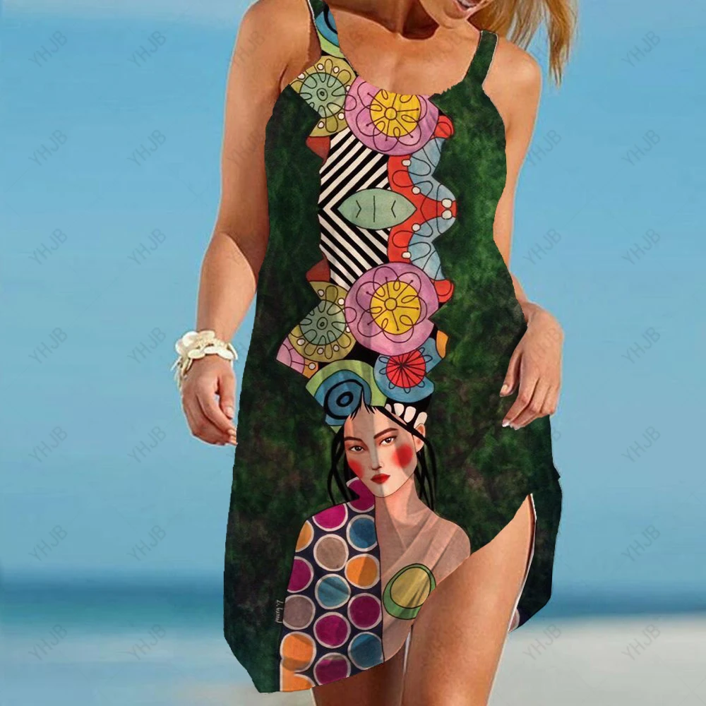 

Женское свободное мини-платье без рукавов в богемном стиле