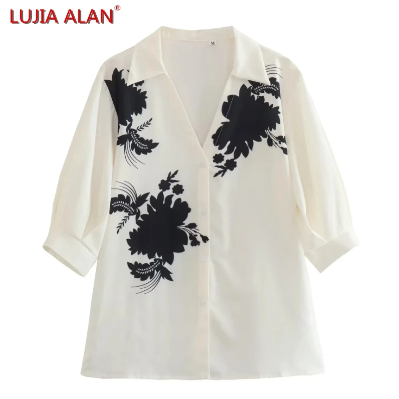 

Summer New Women Flower Printed Elegant Shirt Female Lantern Sleeve Blouse Casual Loose Tops LUJIA ALAN B2061