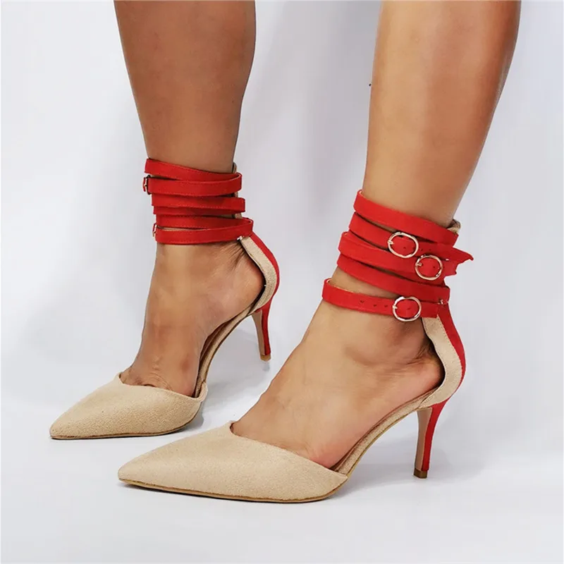 

MKKHOU Fashion Pumps New Suede Pointed Hollow Ankle Buckle Strap Thin Heel 7.5cm Summer Commuter High Heel Sandals