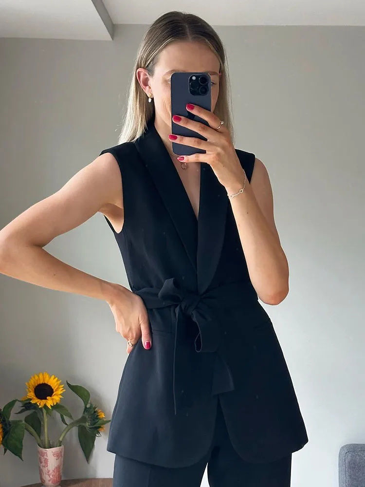 

TRAFZA Women's Fashion Elegant With Belt Single Button Sexy V-Neck Sleeveless Vests Coats Office Slim Suit Lapel Top Female
