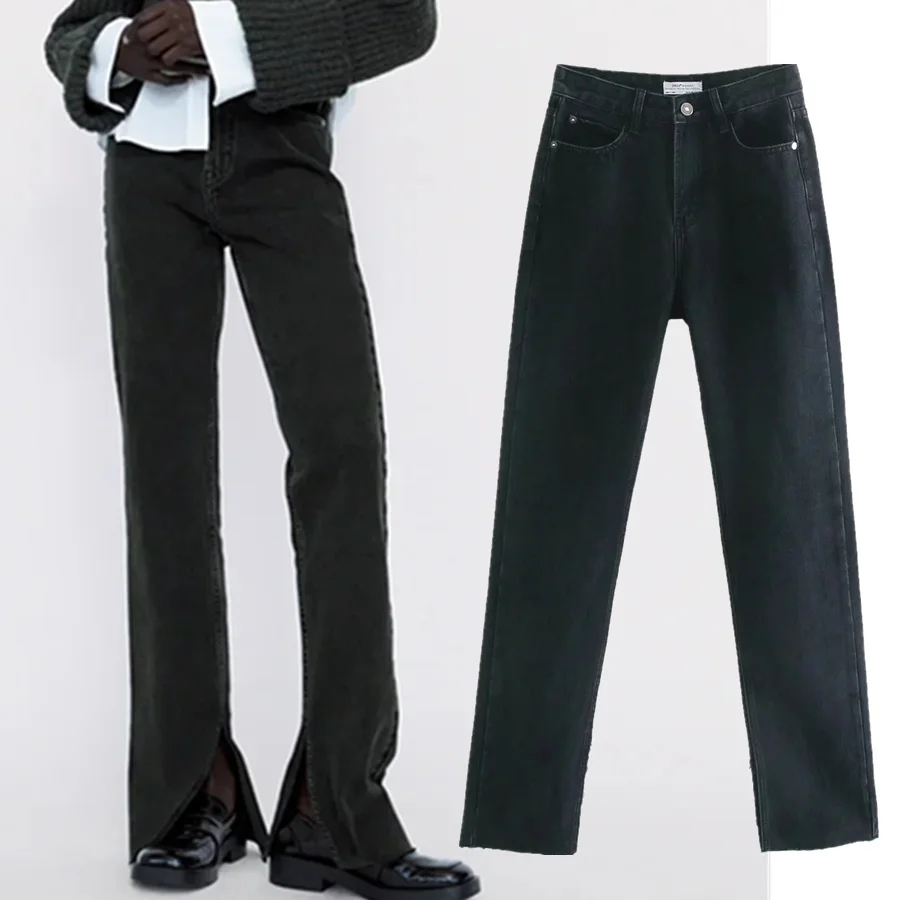

woman vintage jeans england style high street washed jeans high waist bifurcation flare jeans for woman