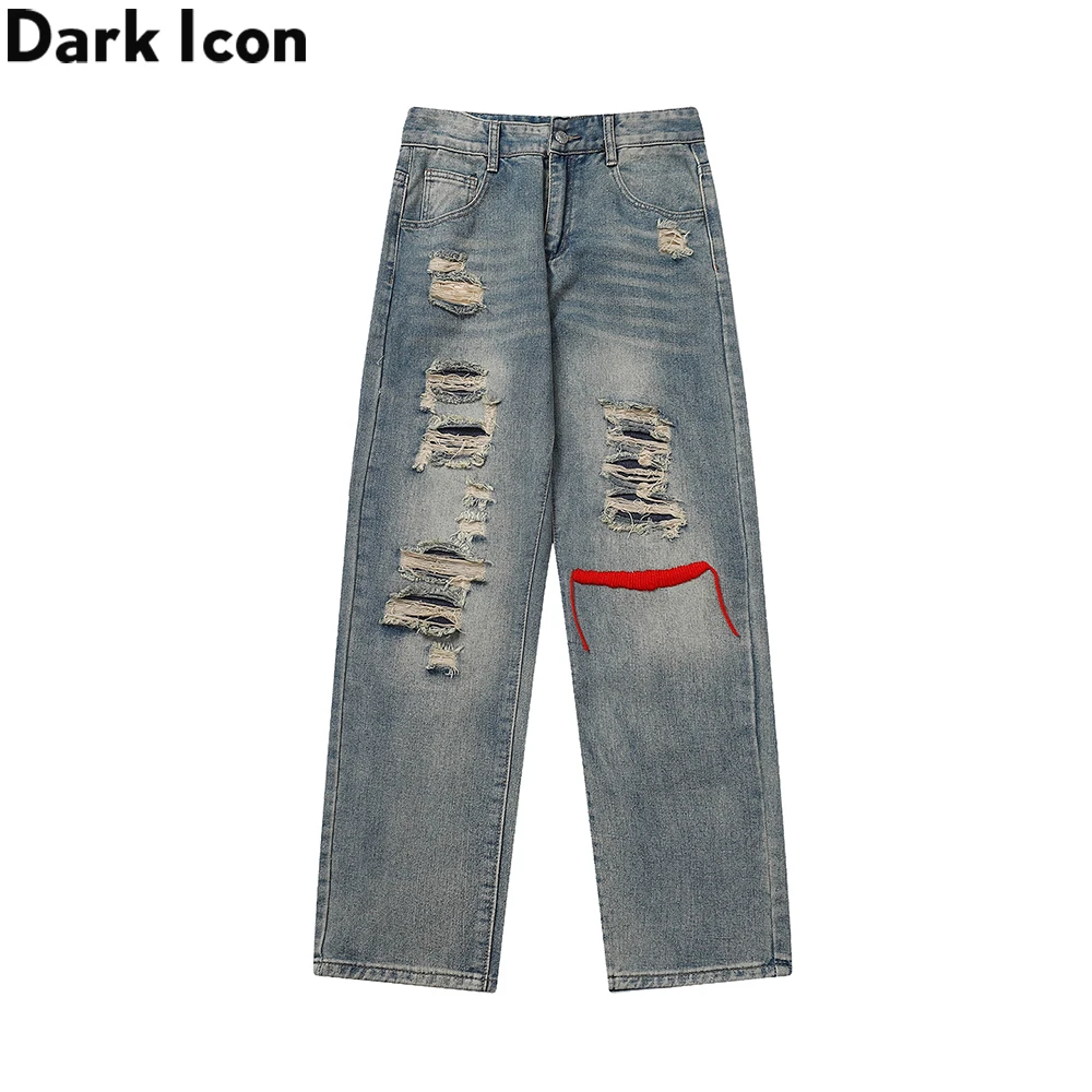 

Dark Icon Ripped Embroidery Straight High Street Men's Jeans Denim Pants for Man