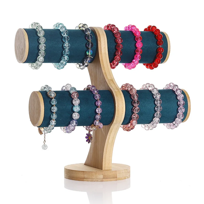 2 Tiers Display T Bar Stand Home Bracelets Organization Jewelry Showcase Watch Storage Bangle Organizer Table Top Wooden Holder