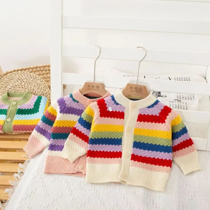 

Rainbow Thread Children Sweaters Cardigan Autumn Winter 2023 Baby Knitted Wool Hemp Jackets Toddler Girls Colorful Coat GY09121