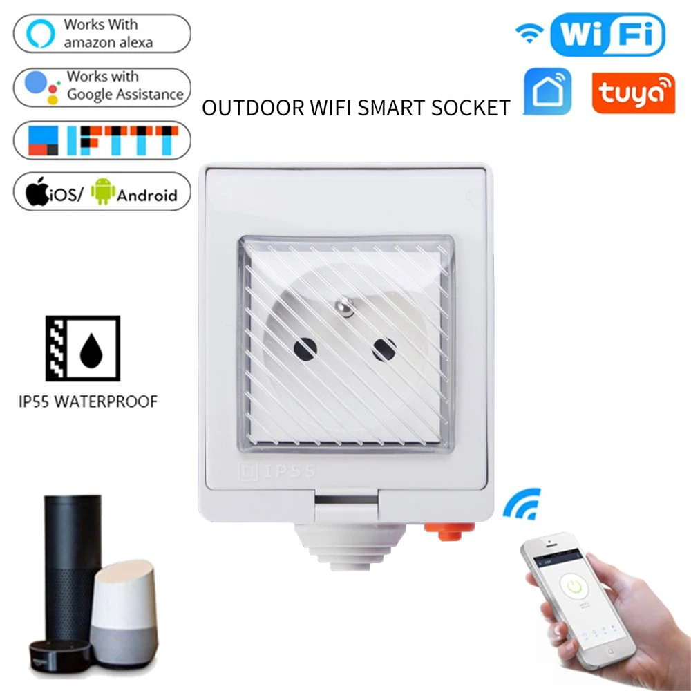 Купи Tuya Smart Power Sockets French Standard Plug IP55 Waterproof Socket Cover Outdoor Power Outlet Works With Alexa Google Home за 1,015 рублей в магазине AliExpress