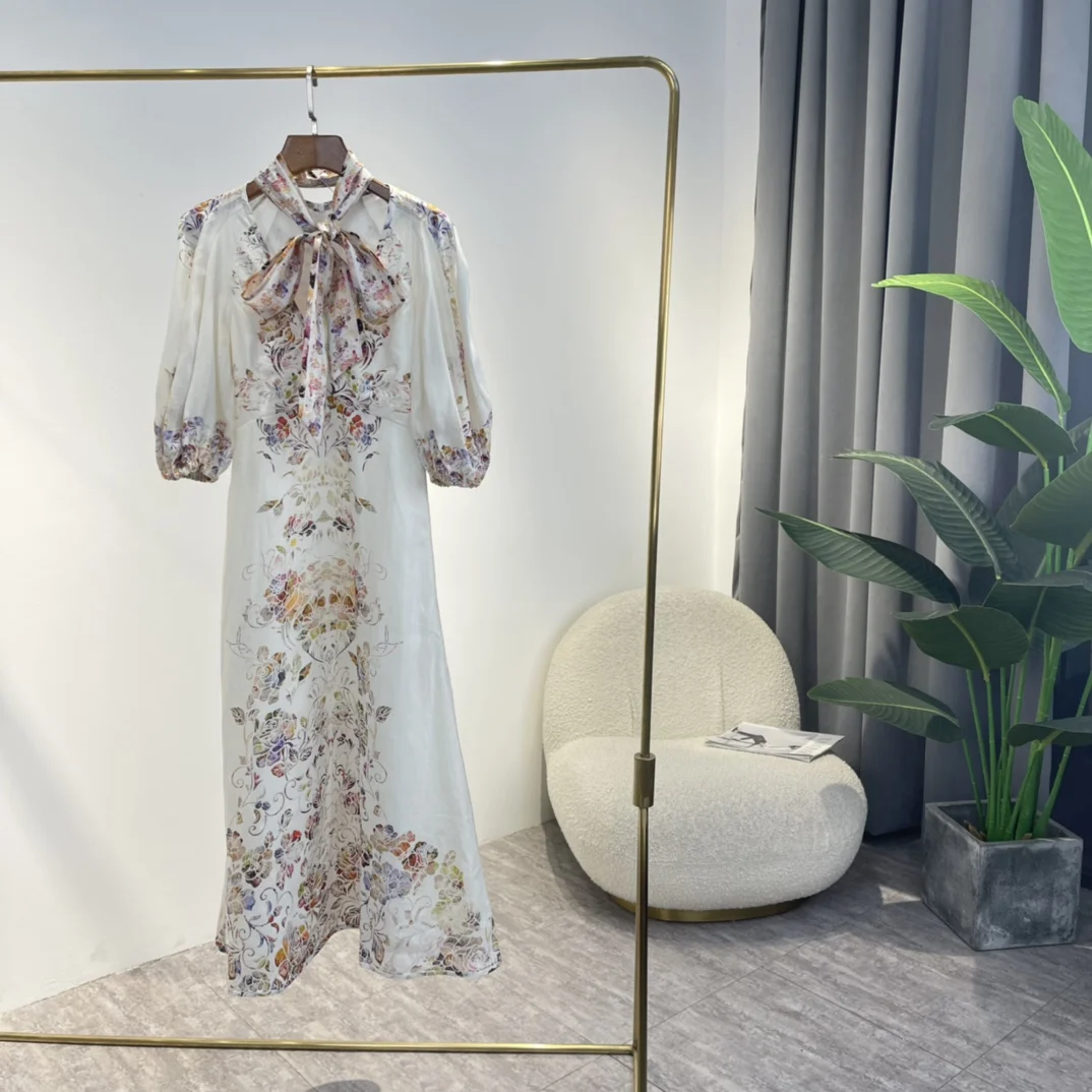 

Multicolor Floral Print Vintage Women Midi Dresses 2022 High Quality Half Lantern Sleeve V-neck with Tie Hemp Clothing Ladies