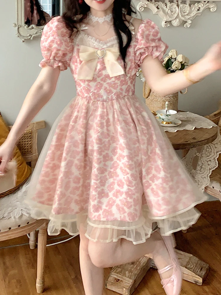 

2022 Summer Floral Lolita Mini Dress Women Kawaii Clothing Bow Fairy Vintage Elegant Short Party Dress One Piece Dress Korean