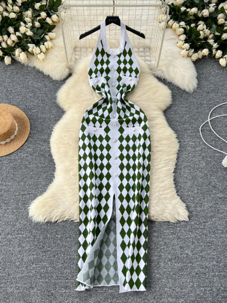 Foamlina женское элегантное клетчатое вязаное длинное платье винтажное облегающее