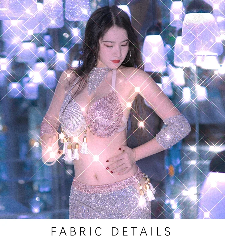 Женский костюм для танца живота выступления откровенный с бахромой и блестками