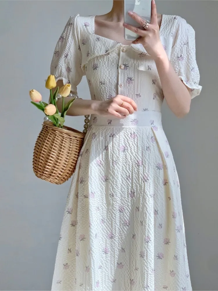 

Summer Women Elegant Casual Floral Midi Dress Lady One Piece Holiday Party Clothing Femme Fashion Robe Vestidos