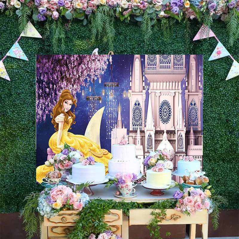 

Cartoon Disney Purple Glitter Crystal Light Castle Background Beauty And The Beast Bell Princess Happy Birthday Party Backdrop