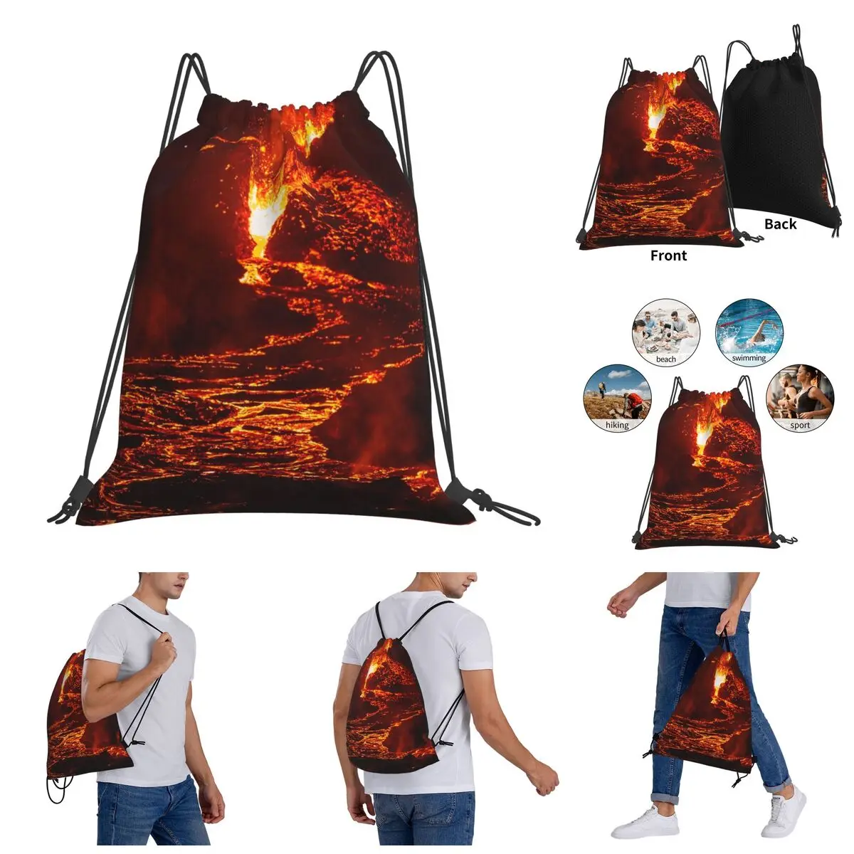 

Backpack Humor Graphic Drawstring Bags Gym Bag Lava Crater Flow At Night Iceland Tonga Volcano Funny Rucksack