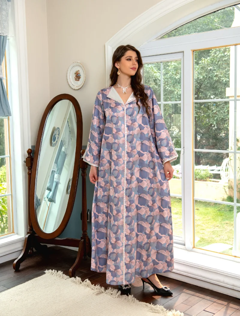 Middle East Abaya Robe New Arrivals Muslim Long Dress Diamonds Printing Long Sleeves Elegant RobeLongue Mbche Dubai