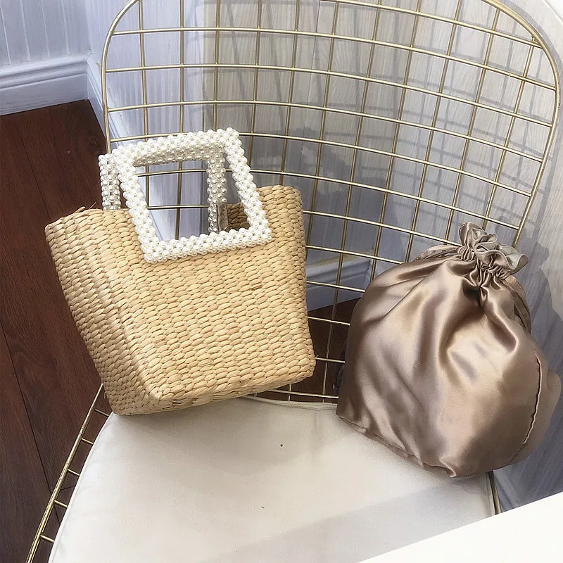 New Bohemian Bag Pearl Fashion Straw Bag Hand-Woven Shoulder Bag Handbag Women Straw Basket Tote Purses Crossbody Messenger Bag