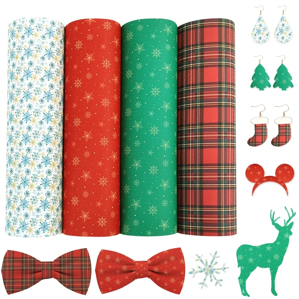 

Snow Printed Christmas Theme Faux Leather Rolls PU Soft Fabric Sheets for bows Car Upholstery Halloween Party Decor DIY Projects