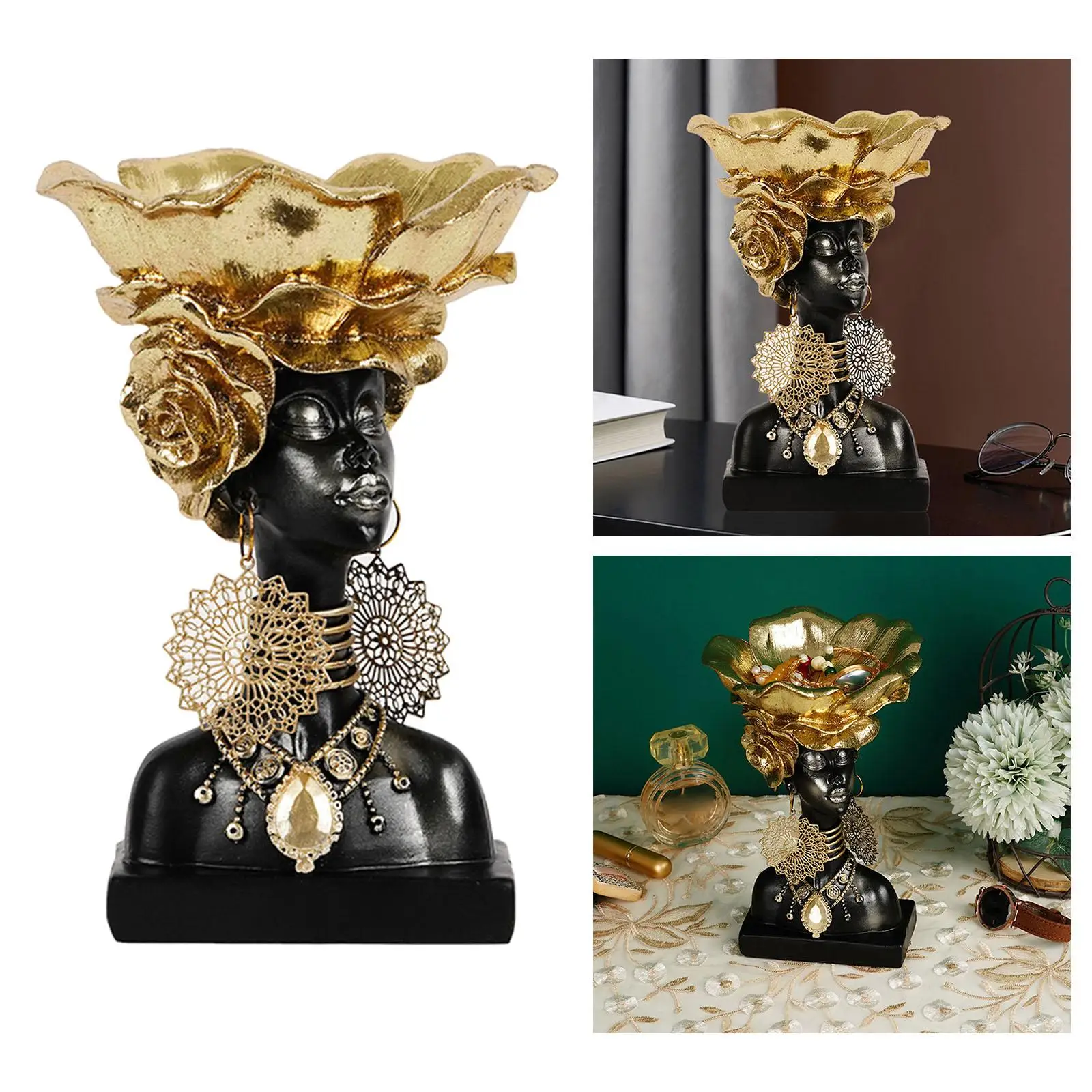 

Exquisite Novelty African Lady Bust Figurine Resin Sculpture Tray TV shelf Statue Desktop Key Drawers Display Decors Crafts