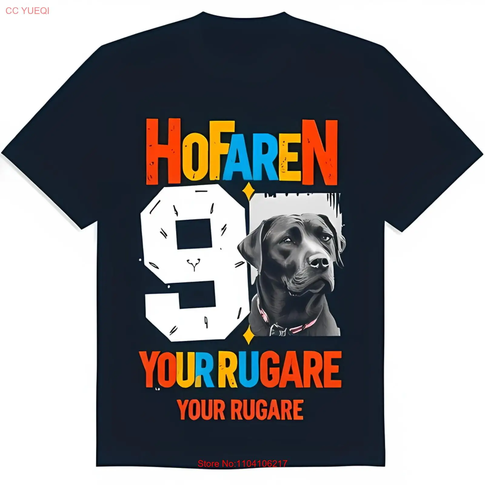 Синяя футболка с красочным рисунком 'HOFAREN' и большой белый ɹ' черный |