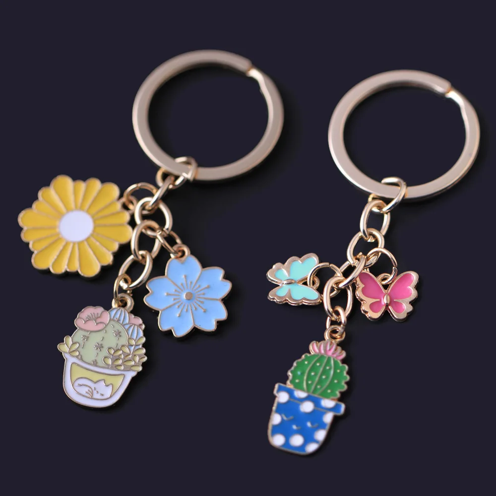 

Love Women Keychain Cactus Car Bag Pendant Potted Plant Flower Colorful Enamel Key Chain Fashion Jewelry Accessory Friend Gift