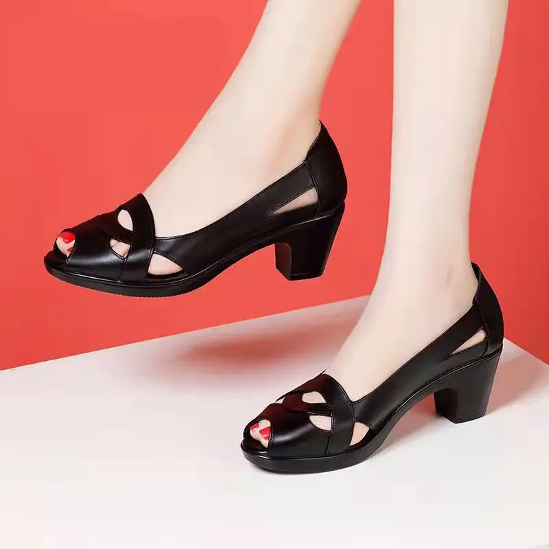 

Roman Sandals Women's Soft Sole Comfortable Mother's Shoes Summer Leather Fish Mouth Thick Heel Hollow Out Non Slip Sandalis