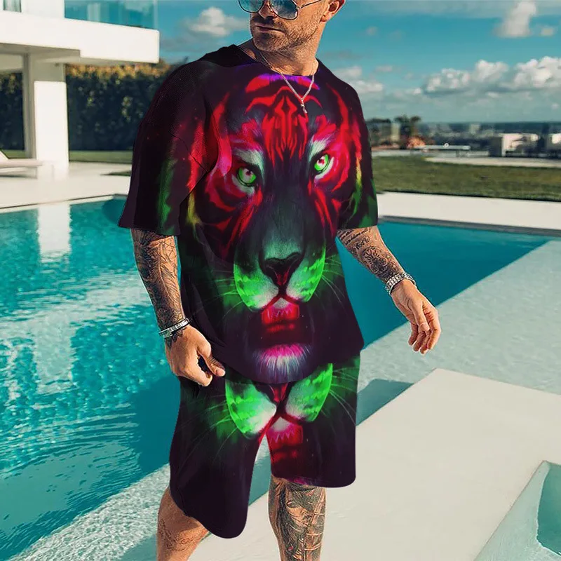 Summer Men's Short Sleeve Shorts Suit Men's Loose Casual Short-Sleeved Suit 3D Digital Lion Figure Printed T-shirt Suit