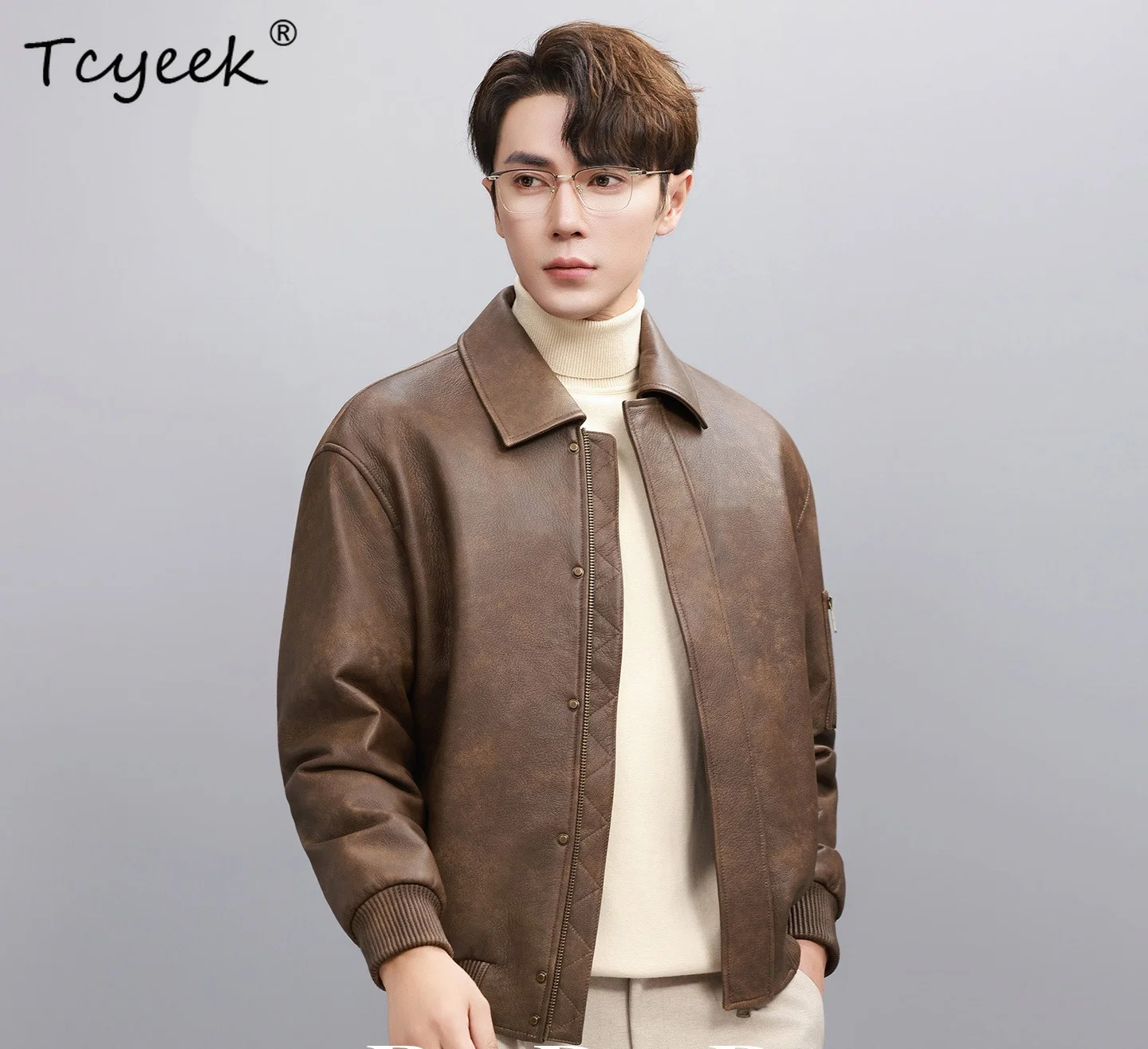Фото Куртка из натуральной козьей кожи Tcyeek, мужская одежда, пуховики из белого гусиного пуха, модные мужские мотоциклетные куртки, осенне-зимняя коллекция 탑건 №5