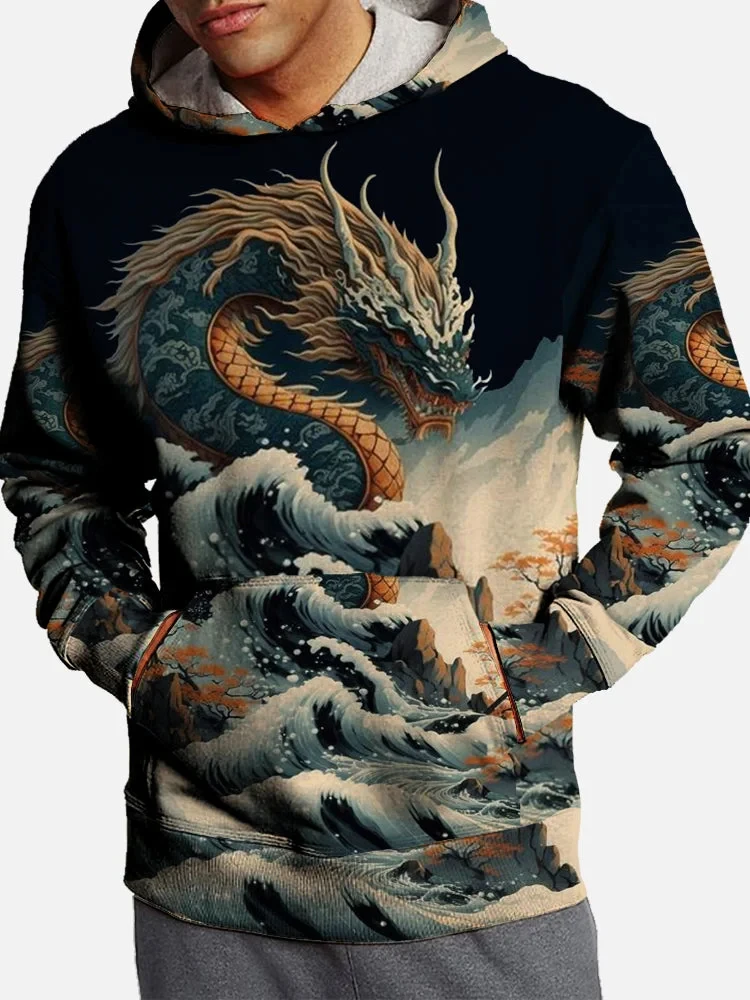 Японская модная мужская Толстовка Ukiyo-e с 3D принтом дракона уличные худи