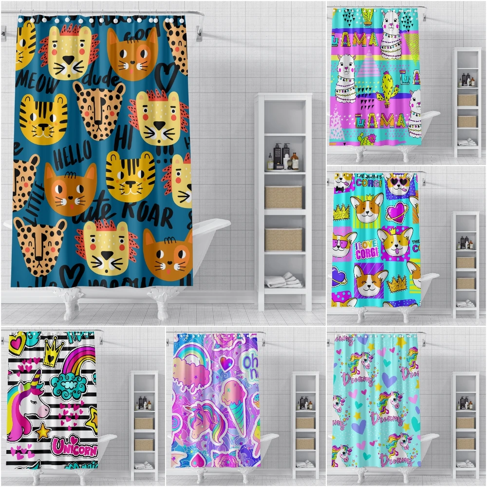 

Cortina de ducha con estampado colorido para baño, visillo de ducha con estampado de animales de dibujos animados en 3D, tejido