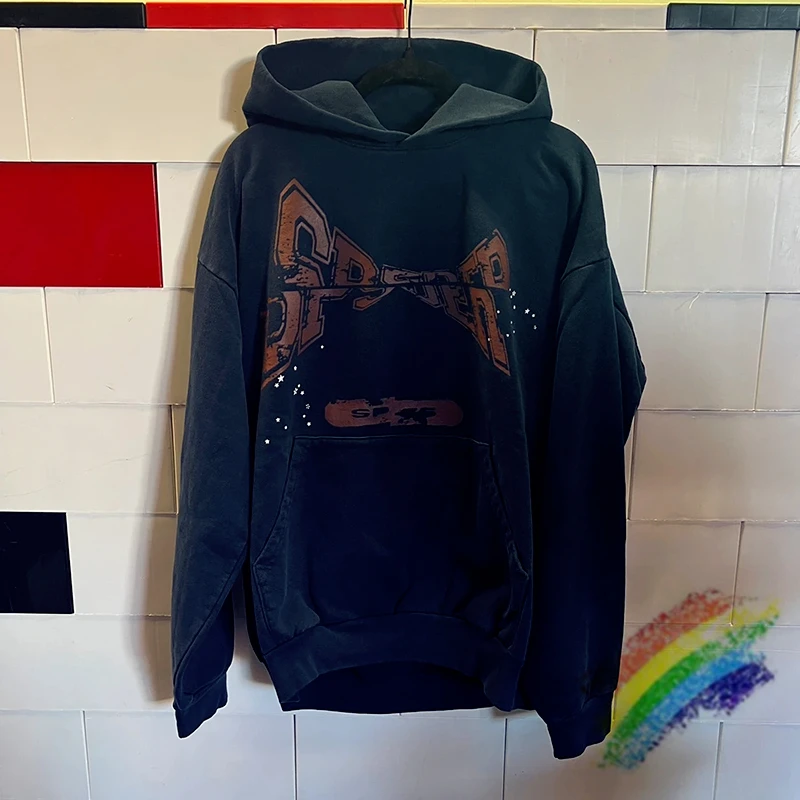 

Patch Patchwork Sp5der 555555 Hooded Men Women 1:1 Top Quality Sweatshirts Blue Young Thug Spiderweb Hoodies