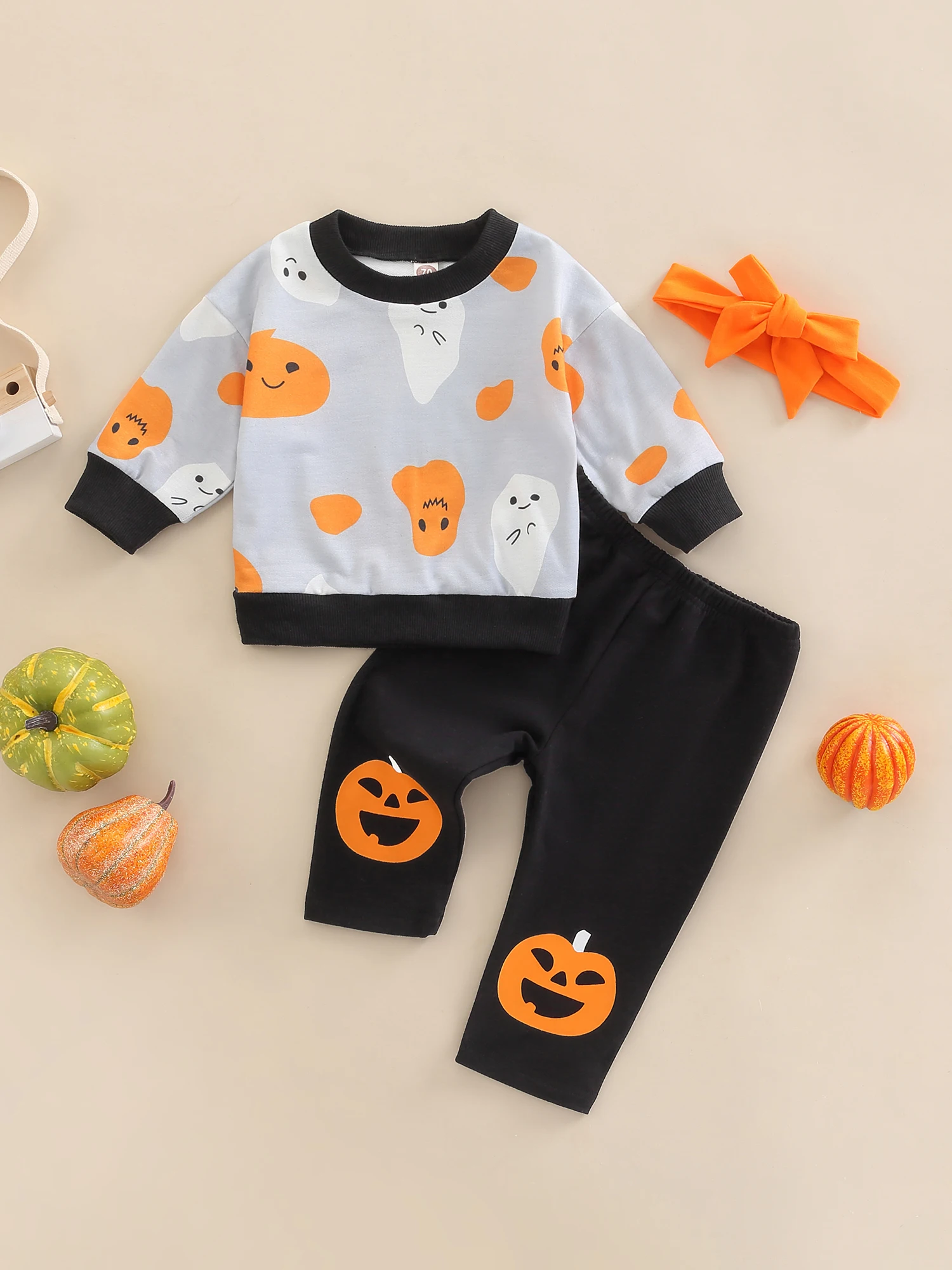 

Baby Pants Set Halloween Pumpkin Ghost Print Contrast Color Long Sleeve Round Neck Sweater + High Waist Pants Set