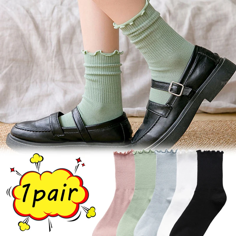 Japanese Style Solid Color Frilly Ruffle Socks for Women Girls Fashion Crew Cotton Cute Female Socks Black White Blue Green Red