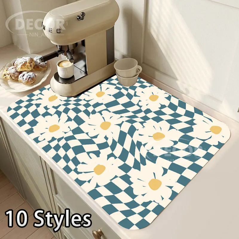 Retro Checkerboard Dish Drying Mat Drain Pad Non-Slip Drainer Absorbent Mats Luxury Tableware Bottle Kitchen Dinnerware Placemat