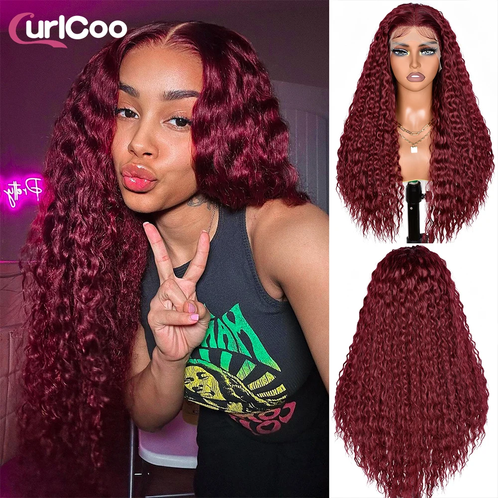 Женский прозрачный парик цвета Бургунди с глубокой волной 13x4 дюймов