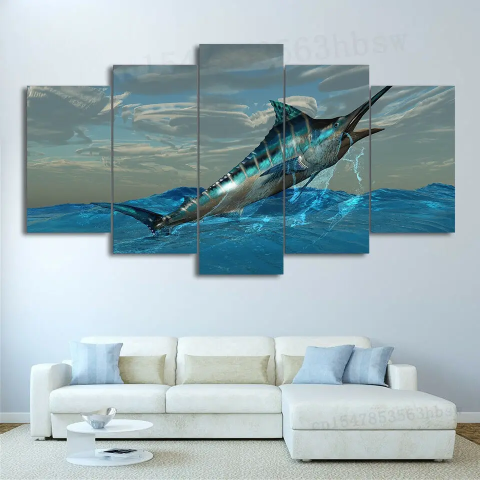 

Atlantic Sailfish Blue Marlin Fish Jumping Sea 5 Panel Canvas Print Wall Art No Framed 5 Piece Paintings HD Print Pictures