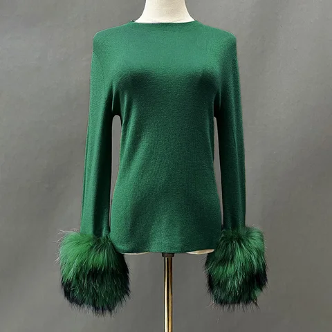 Женский зимний теплый свитер, Высокоэластичный пуловер со съемными манжетами из натурального меха енота, S5575, 2023