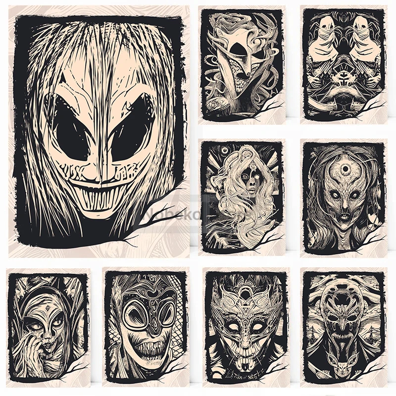 Плакат с масками ведьмы ужасные маскарадные маски и лица принты на холсте