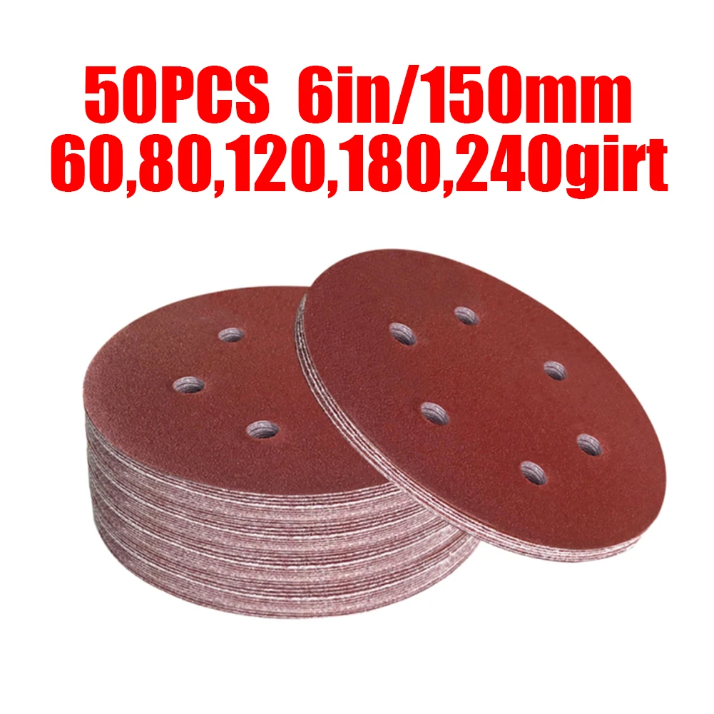 

50pcs 6 Inch 150mm 6 Hole Sandpaper Alumina 60 /80 /120/ 180/ 240Grit For Grinding Smooth Surface And Small Roughness